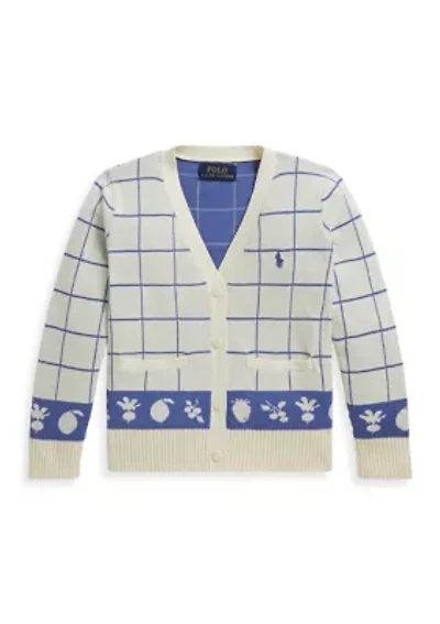 Girls 2-6x Windowpane Cotton V-Neck Cardigan