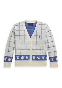 Girls 2-6x Windowpane Cotton V-Neck Cardigan
