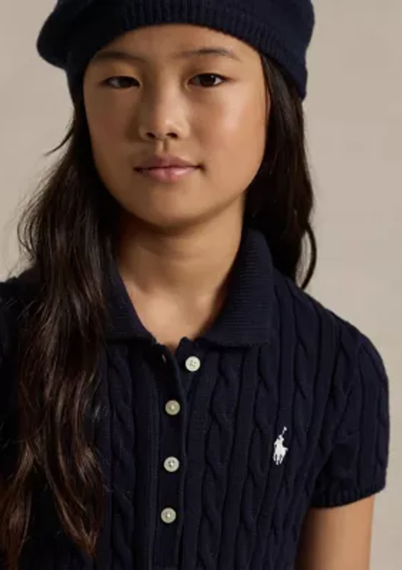 Girls 7-16 Cable-Knit Cotton Polo Sweater Dress