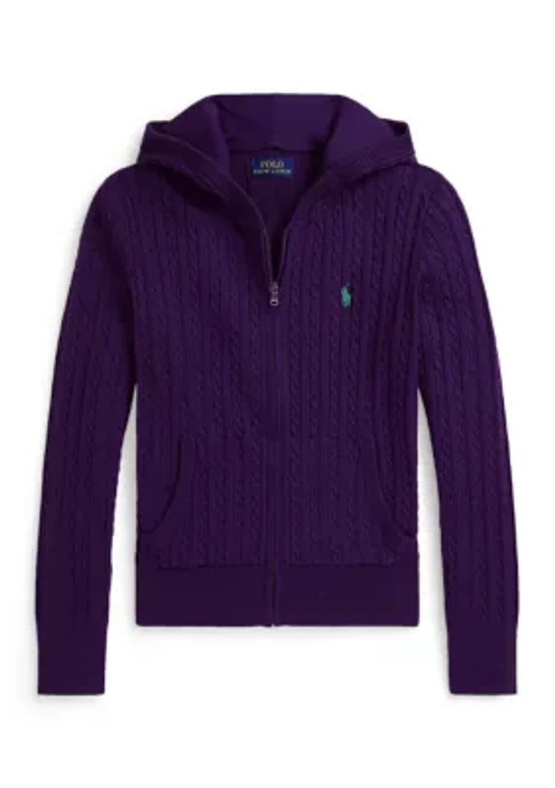 Girls 7-16 Mini-Cable Cotton Full-Zip Hoodie