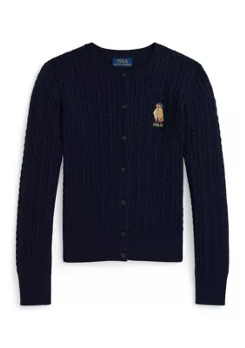 Girls 7-16 Polo Bear Mini-Cable Cotton Cardigan
