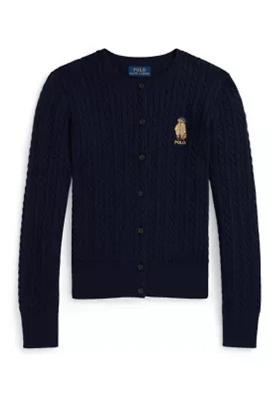 Girls 7-16 Polo Bear Mini-Cable Cotton Cardigan