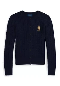Girls 7-16 Polo Bear Mini-Cable Cotton Cardigan