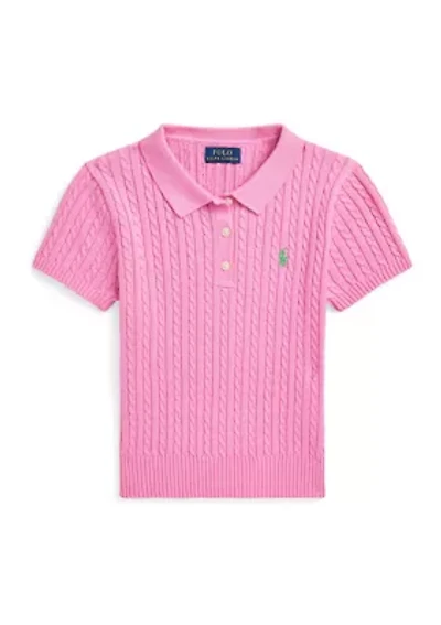 Girls 7-16 Mini Cable Knit Cotton Polo Sweater