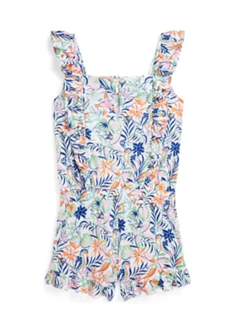 Girls 7-16 Tropical Print Ruffled Cotton Romper