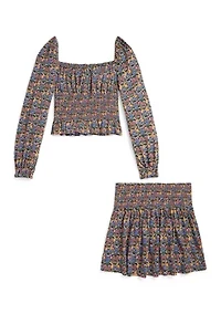 Girls 7-16 Floral Smocked Cotton Jersey Top & Skirt