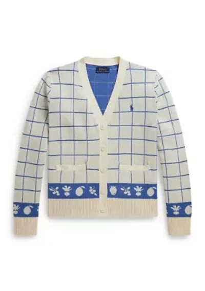 Girls 7-16 Windowpane Cotton V-Neck Cardigan