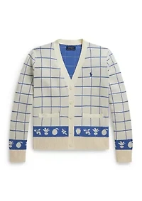 Girls 7-16 Windowpane Cotton V-Neck Cardigan