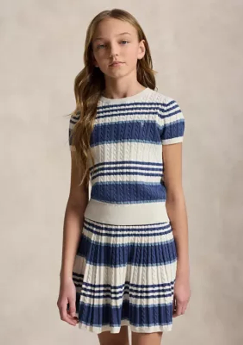 Girls 7-16 Striped Cable Cotton Sweater & Skirt