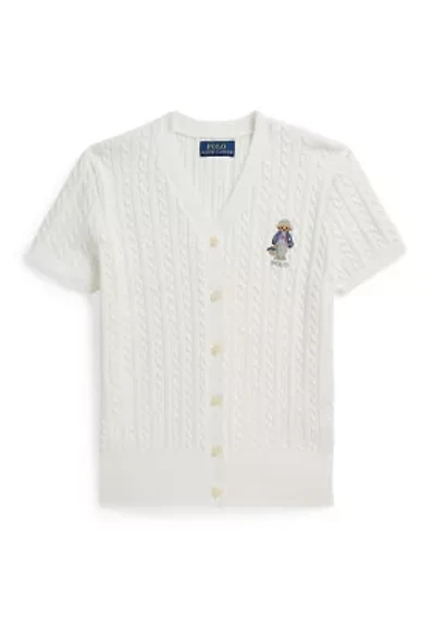 Girls 7-16 Polo Bear Cable Cotton V-Neck Cardigan