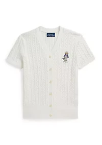 Girls 7-16 Polo Bear Cable Cotton V-Neck Cardigan