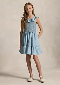 Girls 7-16 Blueberry-Overlay Indigo Chambray Dress
