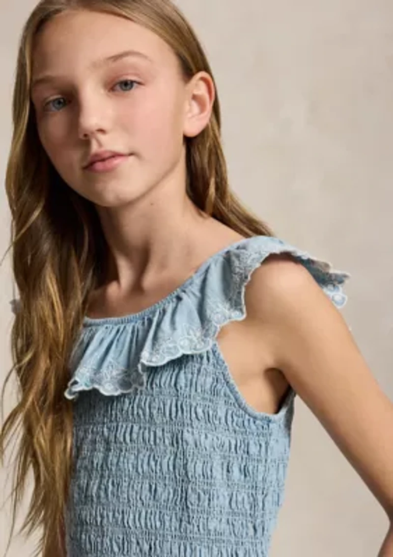 Girls 7-16 Blueberry-Overlay Indigo Chambray Dress
