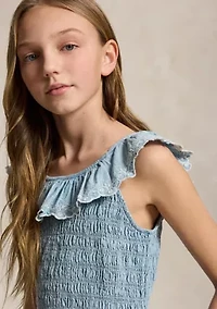 Girls 7-16 Blueberry-Overlay Indigo Chambray Dress