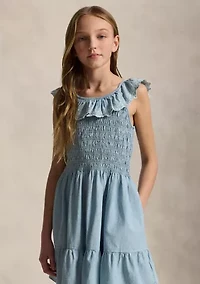 Girls 7-16 Blueberry-Overlay Indigo Chambray Dress