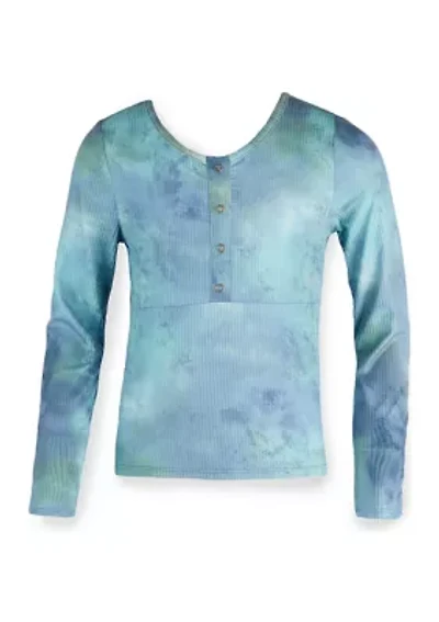 Girls 7-16 Long Sleeve Tie Dye Ribbed Henley Top