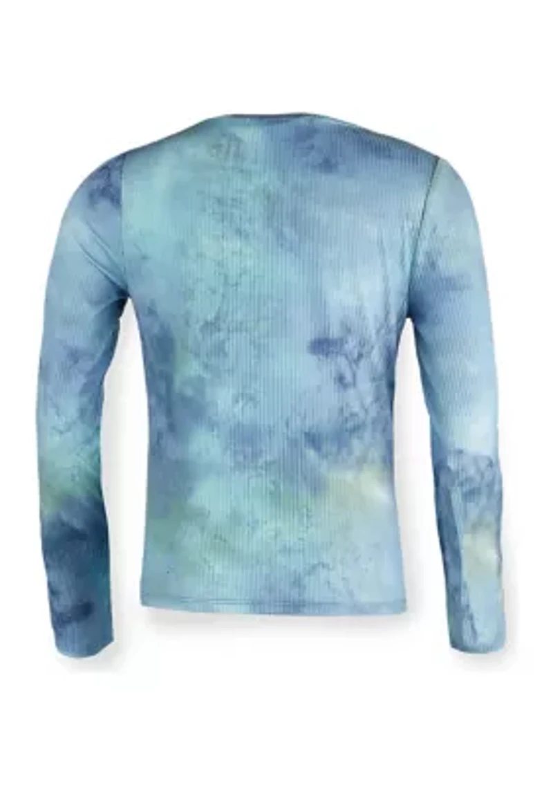 Girls 7-16 Long Sleeve Tie Dye Ribbed Henley Top