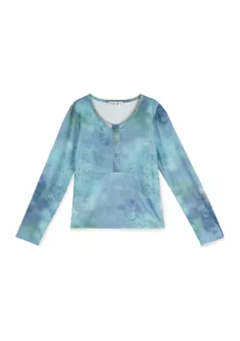 Girls 7-16 Long Sleeve Tie Dye Ribbed Henley Top