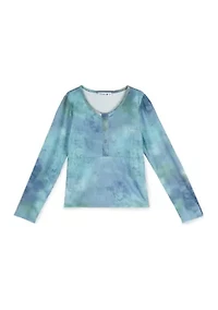 Girls 7-16 Long Sleeve Tie Dye Ribbed Henley Top