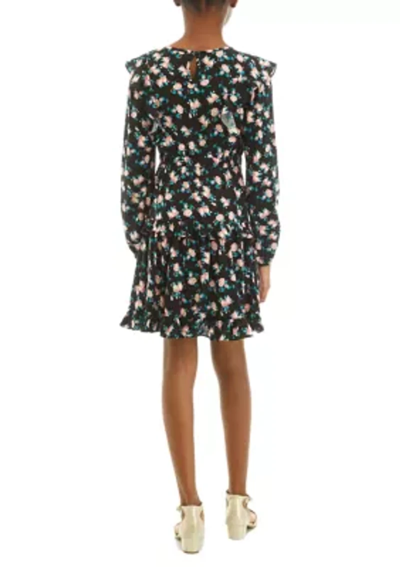 Girls 7-16 Ruffle Shoulder Tiered Floral Printed Dress