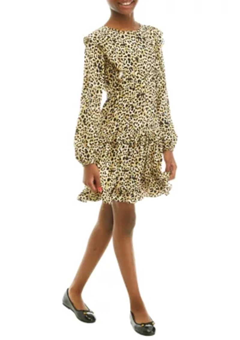 Girls 7-16 Ruffle Shoulder Printed Tiered Dress