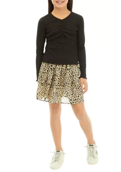 Girls 7-16 Long Sleeve Knit Top and Tiered Skirt Set