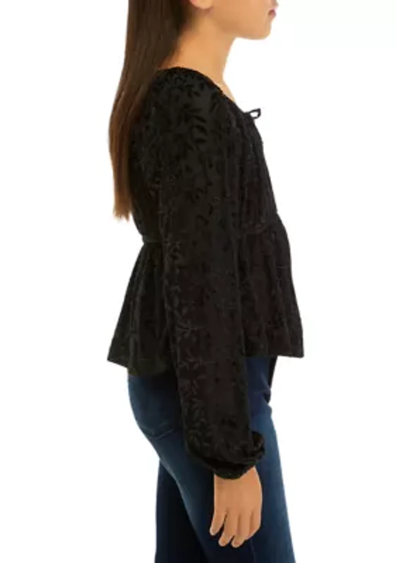 Girls 7-16 Long Sleeve Burnout Velvet Top