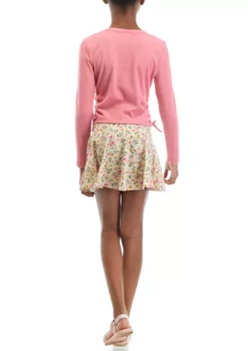Girls 7-16 Side Tie Top and Printed Skirt Set