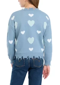 Girls 7-16 Heart Printed Frayed V-Neck Sweater