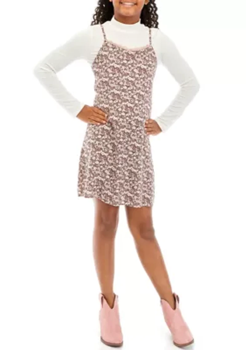 Girls 7-16 Floral Jumper Dress with Mock Neck T-Shirt