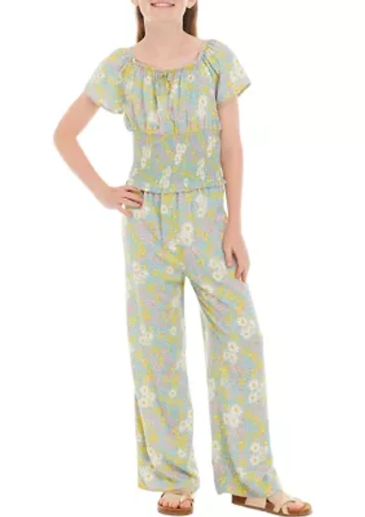 Girls 7-16 Smocked Top with Wide Leg Pants Set