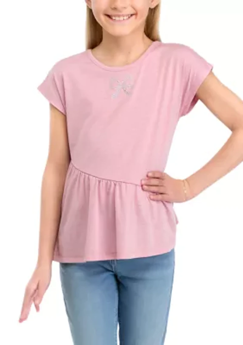 Girls 7-16 Short Dolman Sleeve Top with Asymmetrical Peplum Hem