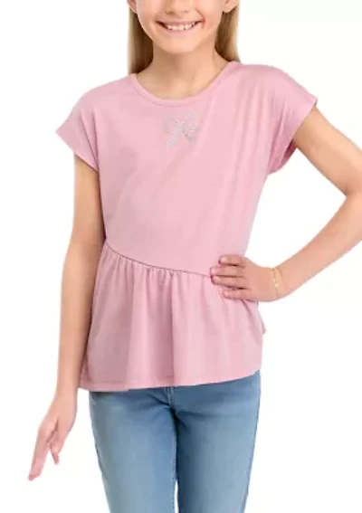 Girls 7-16 Short Dolman Sleeve Top with Asymmetrical Peplum Hem