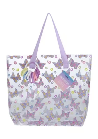 Girls Retro Butterflies Jelly Tote with 12 Pack Hosiery Pony Ring Set