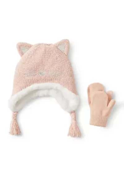 Toddlers Girls Cat Ear Flap Hat and Mittens Set