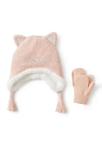 Toddlers Girls Cat Ear Flap Hat and Mittens Set