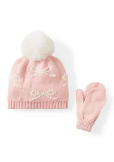 Kids Accessories Yarn Bow Hat and Mittens Set