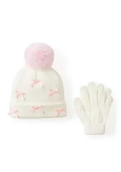 Girls 4-6x Satin Bows Knit Hat and Gloves Set