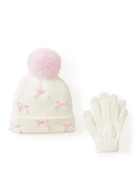 Girls 4-6x Satin Bows Knit Hat and Gloves Set