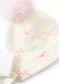 Girls 4-6x Satin Bows Knit Hat and Gloves Set