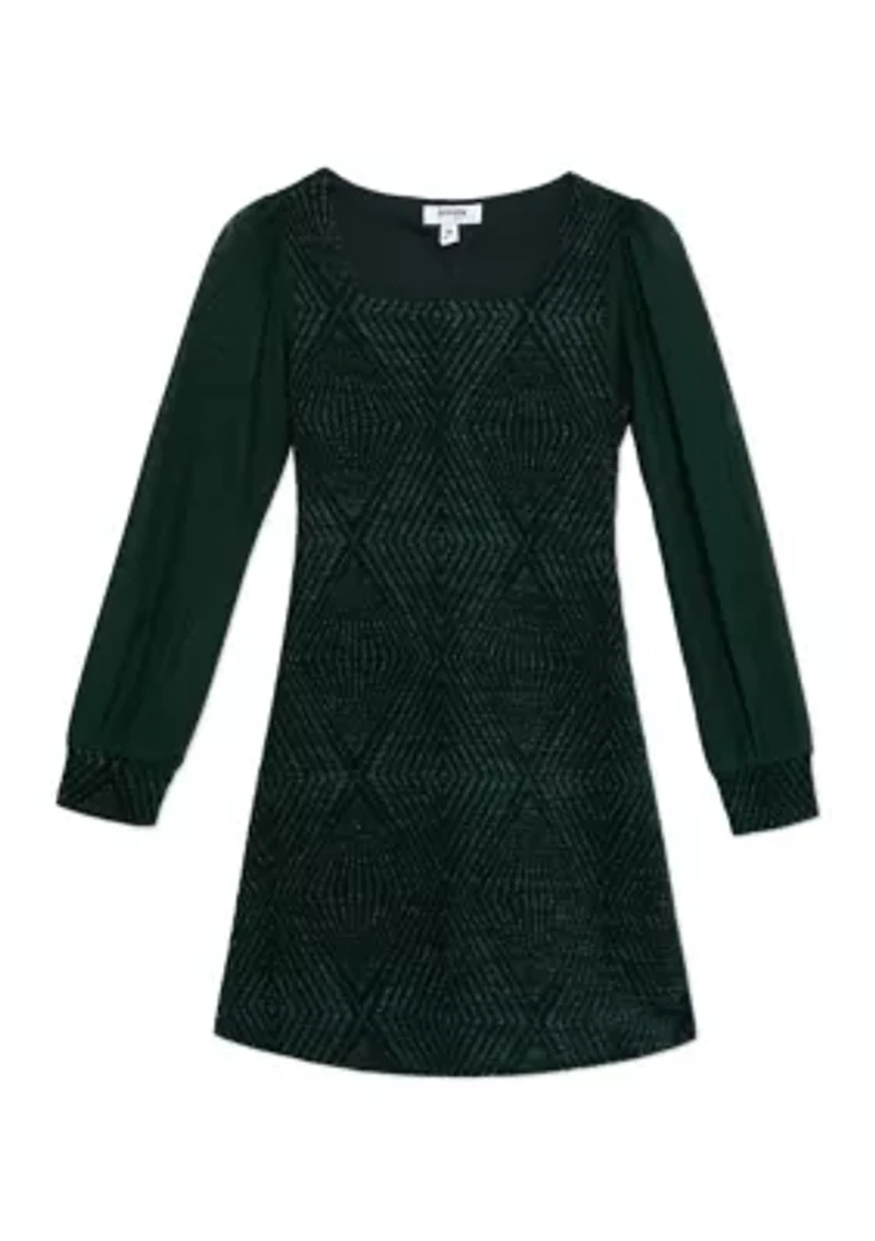 Girls 7-16 Glitter Knit Sheer Sleeve Dress
