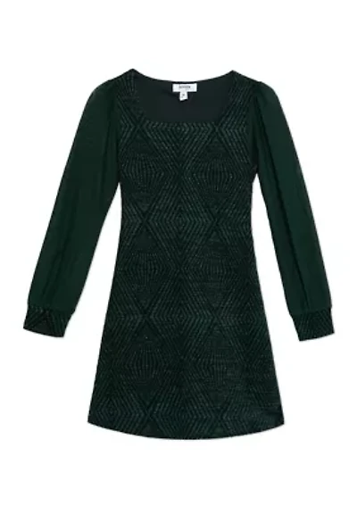 Girls 7-16 Glitter Knit Sheer Sleeve Dress