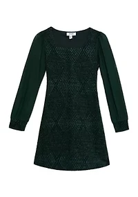 Girls 7-16 Glitter Knit Sheer Sleeve Dress