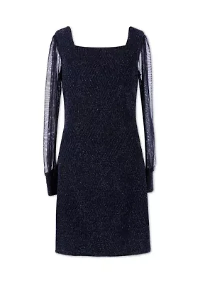 Girls 7-16 Glitter Knit Sheer Sleeve Dress