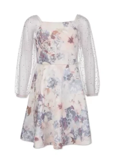 Girls 7-16 Floral Stone Illusion Sleeve Dress