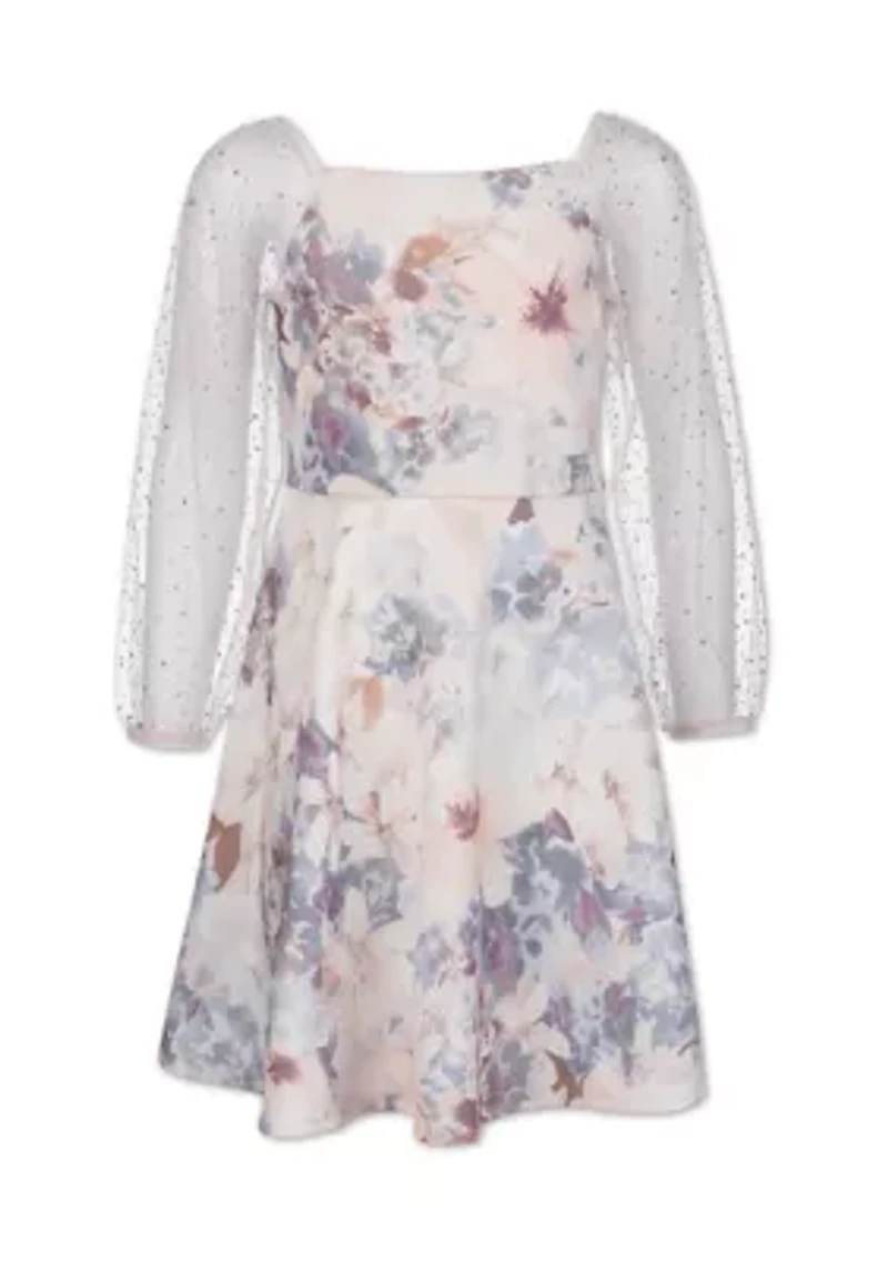 Girls 7-16 Floral Stone Illusion Sleeve Dress