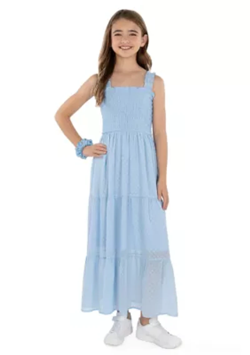 Girls 7-16 Clip Dot Chiffon Maxi Dress with Scrunchie