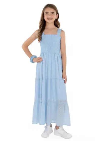 Girls 7-16 Clip Dot Chiffon Maxi Dress with Scrunchie