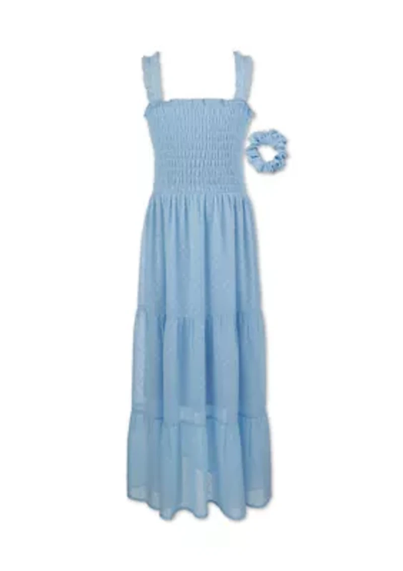 Girls 7-16 Clip Dot Chiffon Maxi Dress with Scrunchie