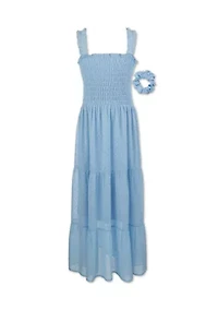 Girls 7-16 Clip Dot Chiffon Maxi Dress with Scrunchie
